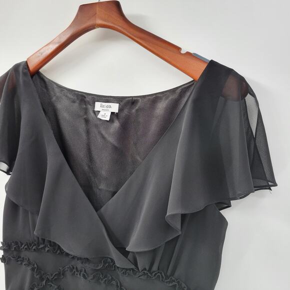 VTG Liz & Co Cocktail Dress Womens 8 Black Ruffled Detail V-Neck Flutter Sleeve - Picture 11 of 13